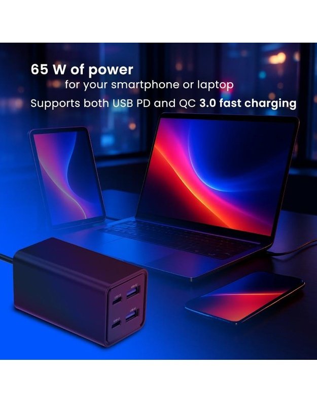 Universalus USB įkroviklis Gembird 65W, 4 jungtys, juodas (TA-UC-2A2C-PD65-01-BK)