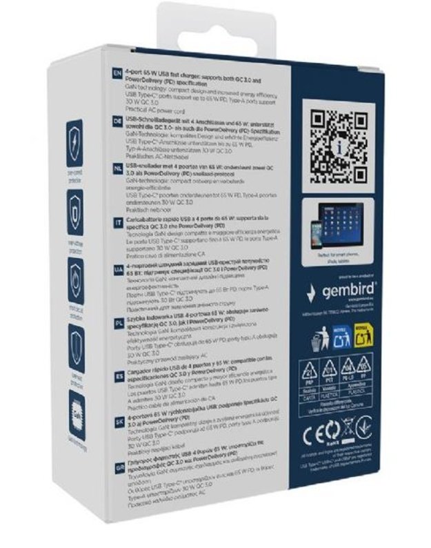 Universalus USB įkroviklis Gembird 65W, 4 jungtys, juodas (TA-UC-2A2C-PD65-01-BK)