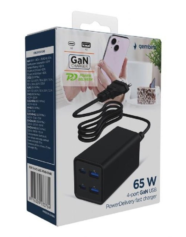 Universalus USB įkroviklis Gembird 65W, 4 jungtys, juodas (TA-UC-2A2C-PD65-01-BK)