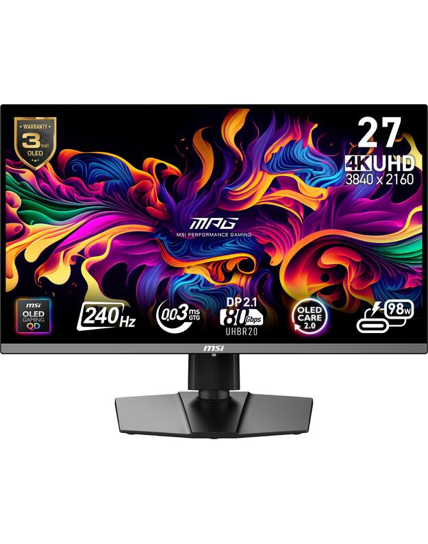Monitor|MSI|MPG 272URX QD-OLED|27 |Gaming/4K|Matte|Panel QD-OLED|3840x2160|16:9|240 ??|0.03 ms|Swivel|Pivot|Height adjustable|Tilt|Colour Black|MPG272URXQD-OLED