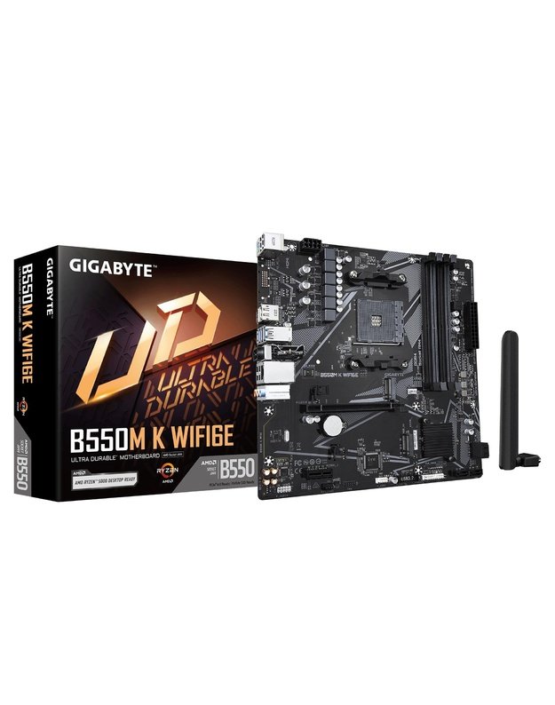 Mainboard|GIGABYTE|AMD B550|Socket AM4|micro ATX|RAM DDR4-SDRAM|4xSlots|Wi-Fi Yes|Bluetooth Yes|2xNumber of M.2 (M) slots|GIGABYTE B550M K WIFI6E|B550MKWF6E