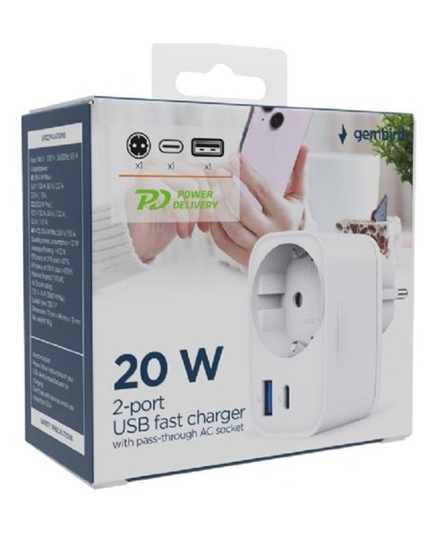 Universalus USB įkroviklis Gembird 20W, 2 jungtys (USB-A, USB-C), baltas (TA-ACPDQC20-01-W)