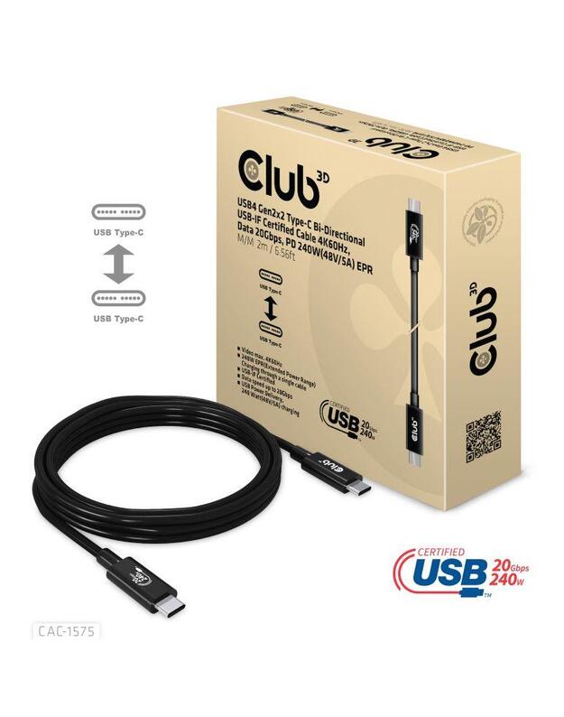 CABLE USB-C TO USB-C 2M/M/M CAC-1575 CLUB3D