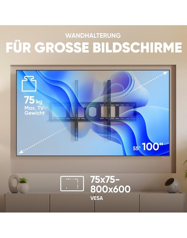 Sieninis televizoriaus laikiklis Onkron 55–100", juodas (UF4-B)