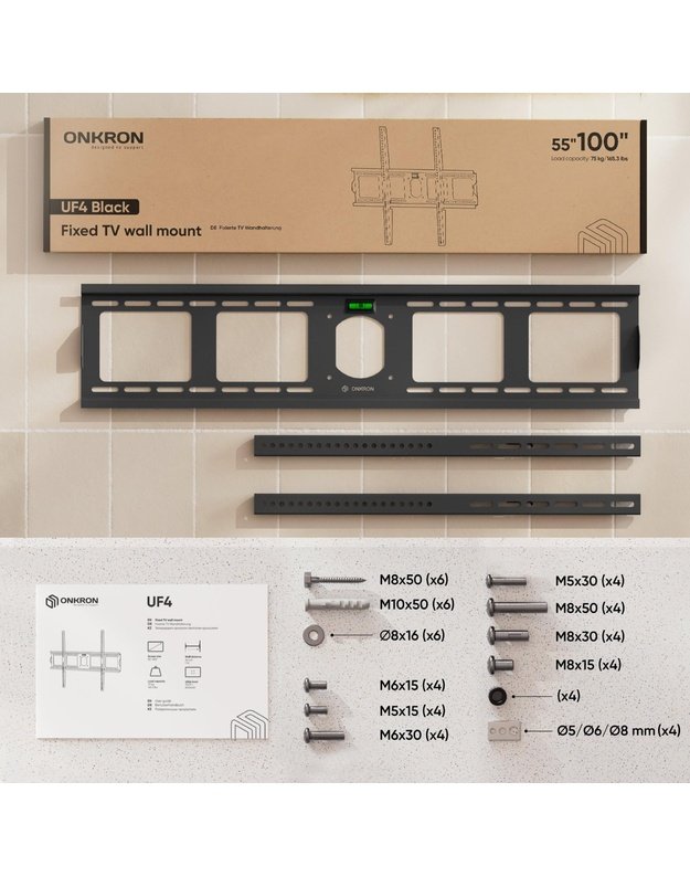 Sieninis televizoriaus laikiklis Onkron 55–100", juodas (UF4-B)