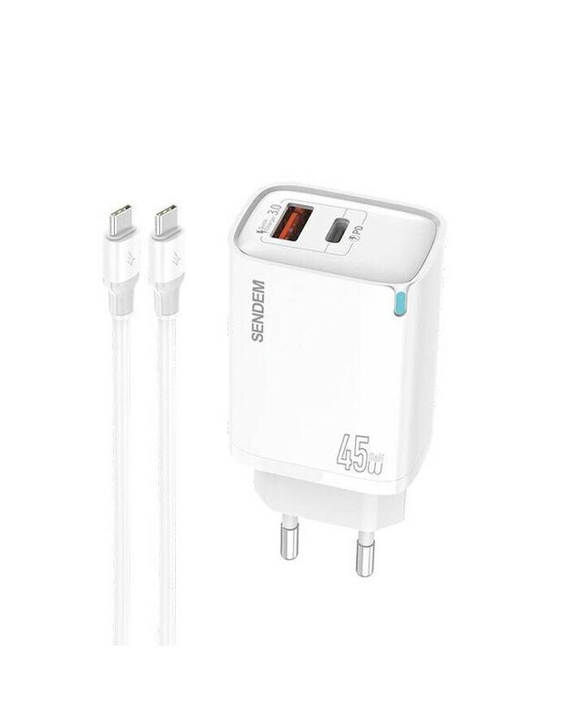 SENDEM 45W GaN USB-A + USB-C + C2C PD, baltas