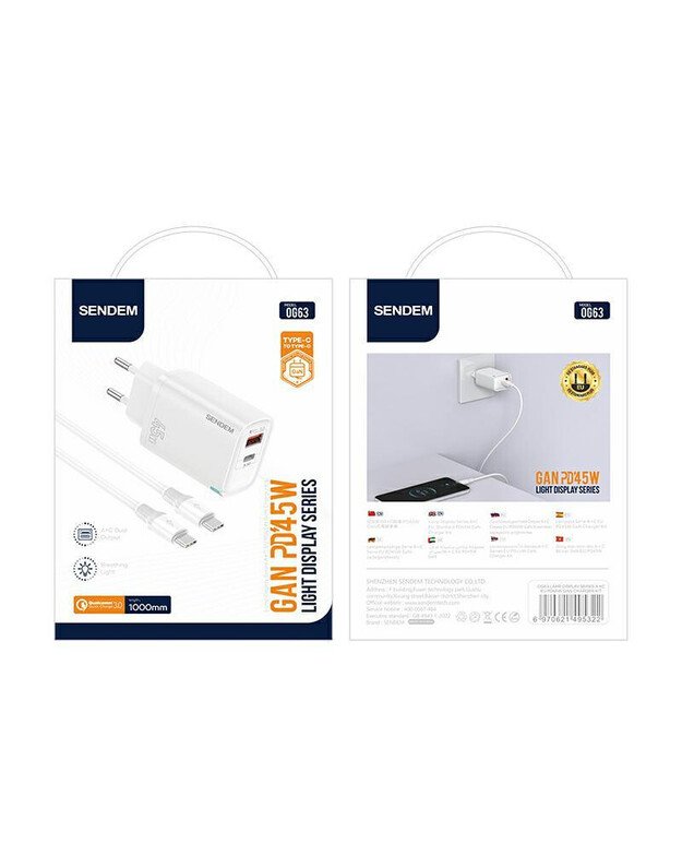 SENDEM 45W GaN USB-A + USB-C + C2C PD, baltas 1