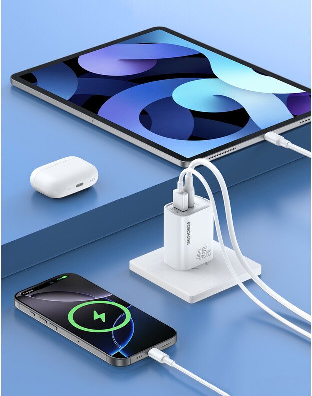 SENDEM 45W GaN USB-A + USB-C + C2C PD, baltas 4