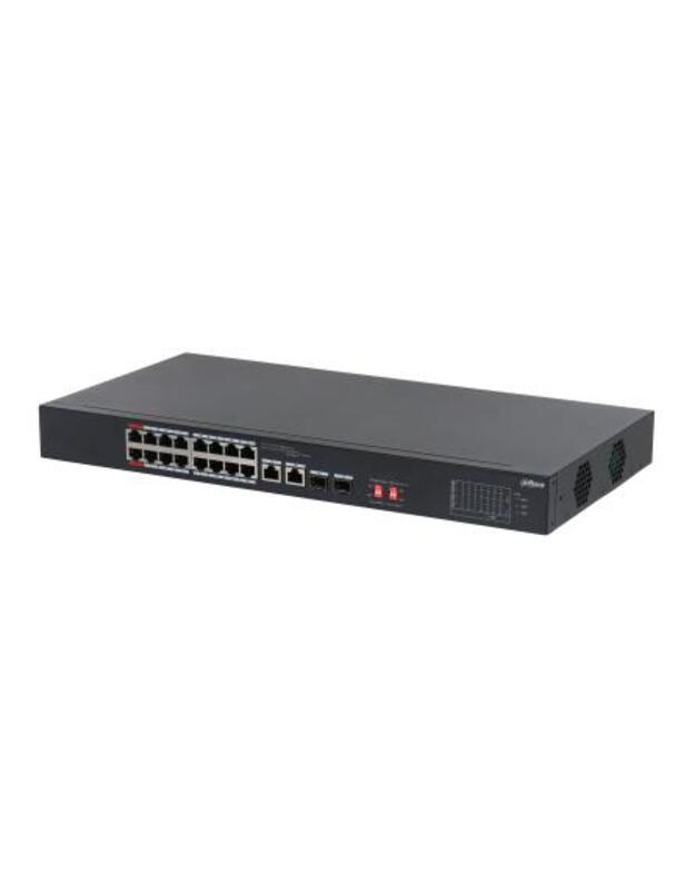 Switch|DAHUA|S3218-16ET-135|Switch type Unmanaged|Switch layer L2|Rack mounting Yes|Stackable Yes|Form factor 1U|16xRJ-45 ports|RJ-45 Ports Type Gigabit Ethernet (10/100/1000)|2xSFP module slots quantity|Power over Ethernet (PoE) Yes|2xPower over Ethernet
