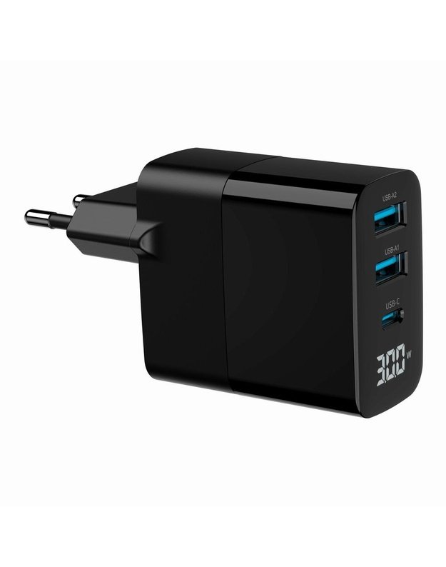 USB įkroviklis Gembird 30W, 3 jungtys (TA-UC-PDQC30LCD-BK-02)