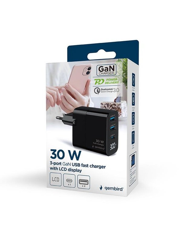 USB įkroviklis Gembird 30W, 3 jungtys (TA-UC-PDQC30LCD-BK-02)