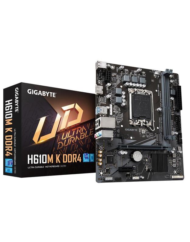 Mainboard|GIGABYTE|Intel H610|LGA1700|Micro-ATX|Memory DDR4|Memory slots 2|1xPCI-Express 3.0 1x|1xPCI-Express 4.0 16x|1xM.2|1xHDMI|4xUSB 2.0|2xUSB 3.2|1xRJ45|3xAudio port|H610MKDDR42.0