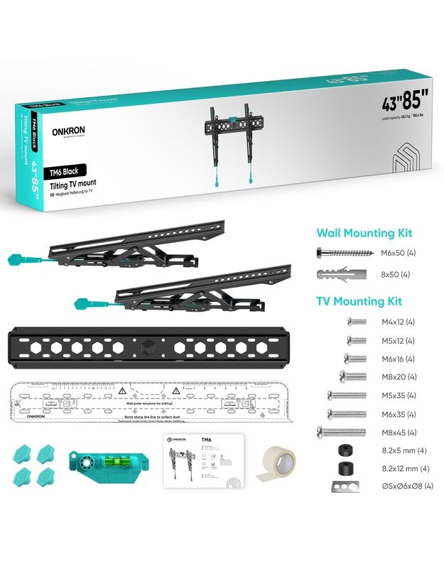 Sieninis televizoriaus laikiklis Onkron 43–85", juodas (TM6-B)