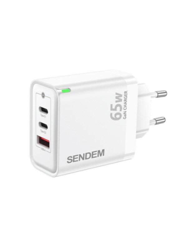 SENDEM GaN 65W USB-A + 2xUSB-C QC3.0, baltas