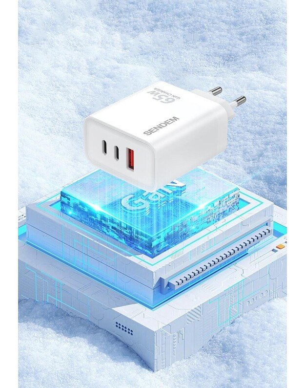 SENDEM GaN 65W USB-A + 2xUSB-C QC3.0, baltas 3