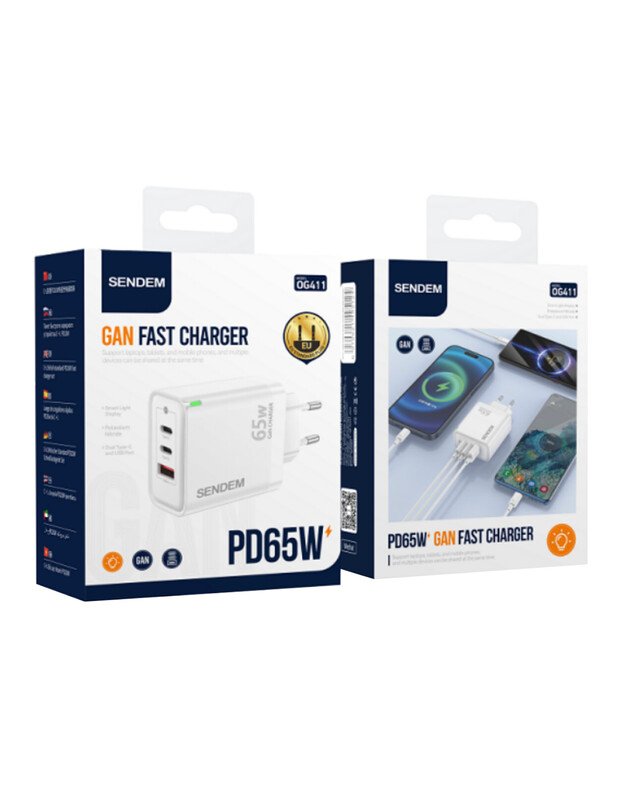 SENDEM GaN 65W USB-A + 2xUSB-C QC3.0, baltas 1