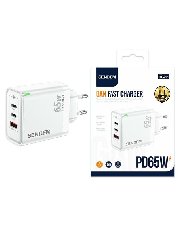 SENDEM GaN 65W USB-A + 2xUSB-C QC3.0, baltas 2