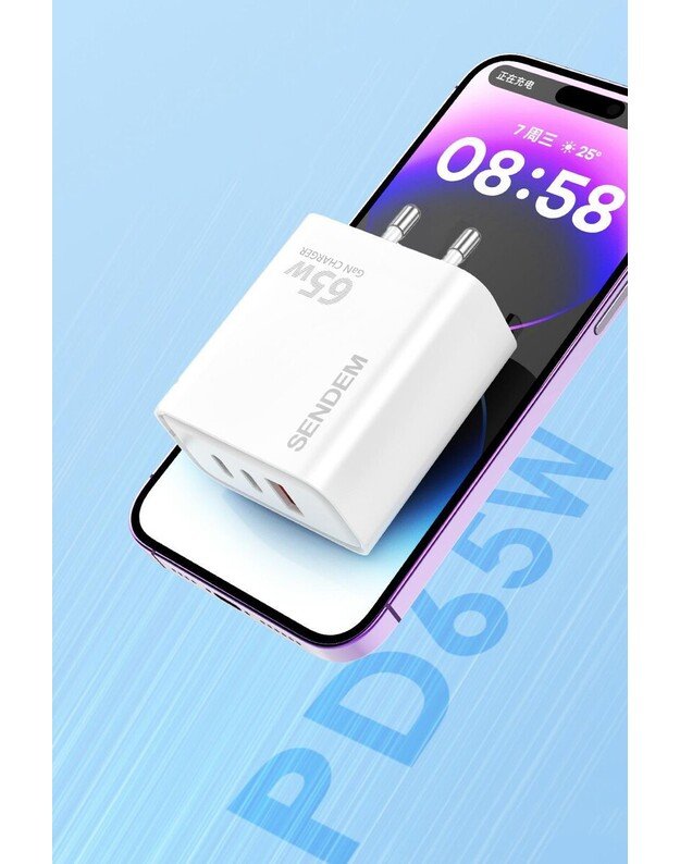 SENDEM GaN 65W USB-A + 2xUSB-C QC3.0, baltas 4