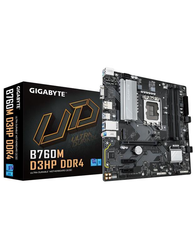 Mainboard|GIGABYTE|Intel B760 Express|LGA1700|Micro-ATX|Memory DDR4|Memory slots 4|2xPCI-Express 3.0 1x|1xPCI-Express 4.0 16x|2xM.2|1x15pin D-sub|1xHDMI|1xDisplayPort|6xUSB 2.0|5xUSB 3.2|1xUSB-C|1xPS/2|1xRJ45|3xAudio port|B760MD3HPDDR4