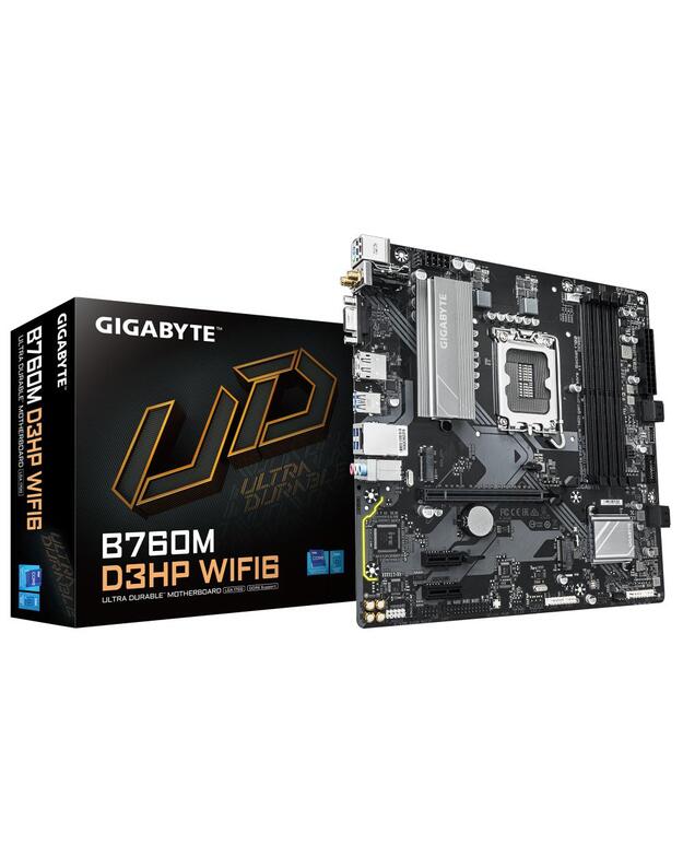 Mainboard|GIGABYTE|Intel B760 Express|LGA1700|Micro-ATX|Memory DDR5|Memory slots 4|2xPCI-Express 3.0 1x|1xPCI-Express 4.0 16x|2xM.2|1x15pin D-sub|1xHDMI|1xDisplayPort|2xUSB 2.0|3xUSB 3.2|1xUSB-C|1xPS/2|1xRJ45|3xAudio port|B760MD3HPWIFI61.0