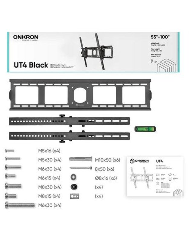 Sieninis televizoriaus laikiklis Onkron 55–100", juodas (UT4-B)