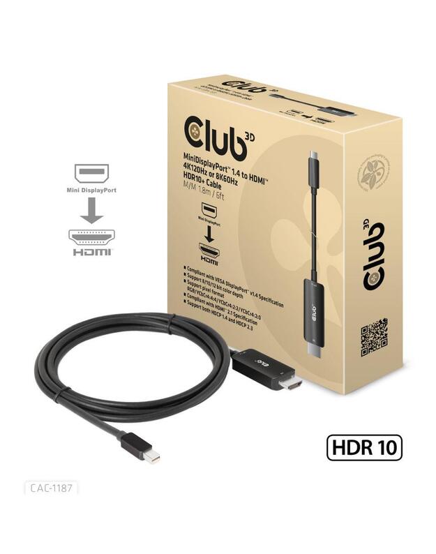 CABLE MINIDP TO HDMI 1.8M/M/M CAC-1187 CLUB3D