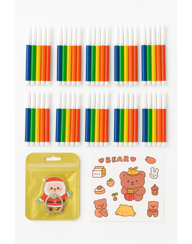 Mini flomasterių rinkinukas (10vnt) + žiedinis telefono laikiklis + Lipdukai