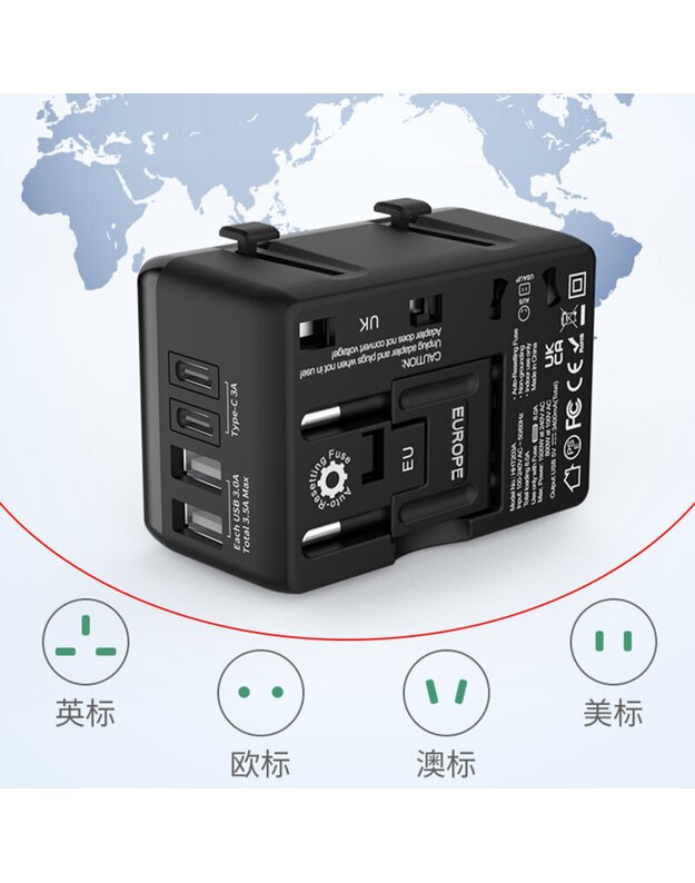 Techsuit HHT203A PD20W, 2 x USB, 2 x адаптера дорожного зарядного устройства Type-C для ЕС, Великобритании, Австралии, США, черный