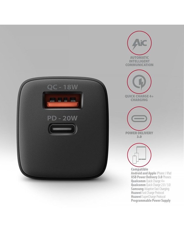 Sieninis įkroviklis Axagon USB 20W, 2 prievadai, juodas (ACU-PQ20)