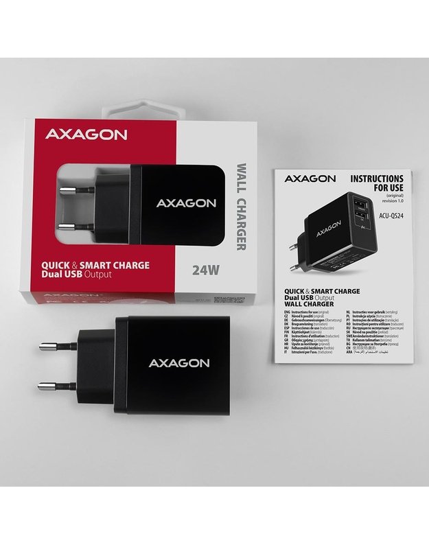 Sieninis USB įkroviklis AXAGON 24W, 2 prievadai (ACU-QS24)