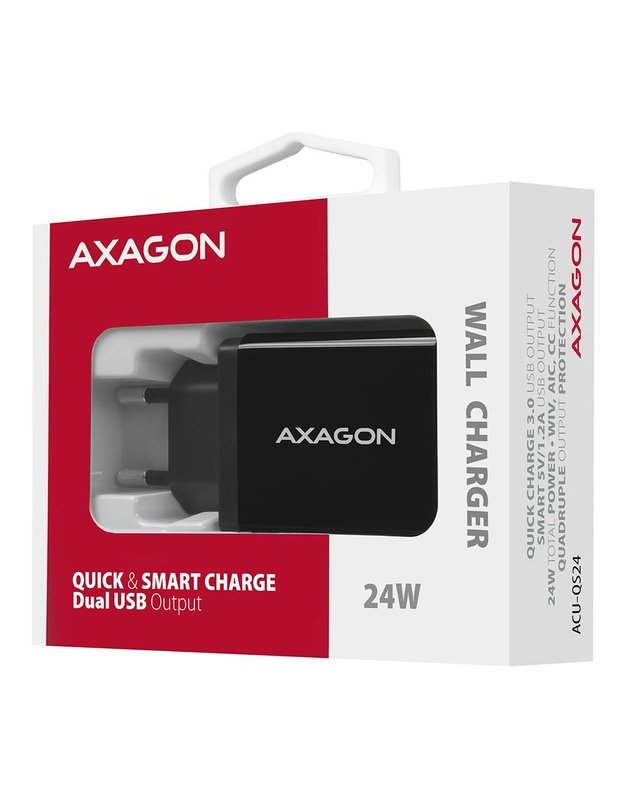 Sieninis USB įkroviklis AXAGON 24W, 2 prievadai (ACU-QS24)