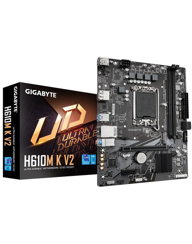 Mainboard|GIGABYTE|Intel H610|LGA1700|Micro-ATX|Memory DDR5|Memory slots 2|1xPCI-Express 3.0 1x|1xPCI-Express 4.0 16x|1xM.2|1xHDMI|1xDisplayPort|4xUSB 2.0|2xUSB 3.2|1xPS/2|1xRJ45|3xAudio port|H610MKV2
