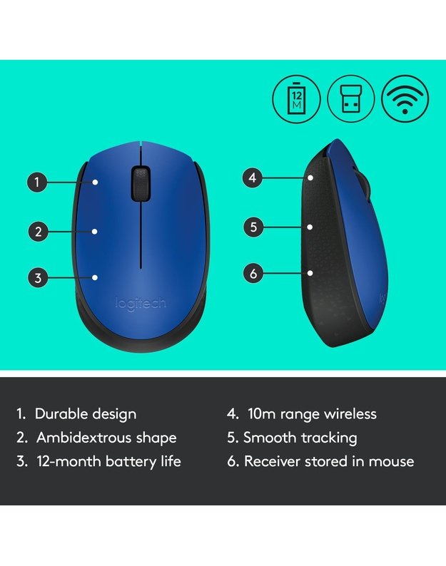 MOUSE USB OPTICAL WRL M171/BLUE 910-004640 LOGITECH