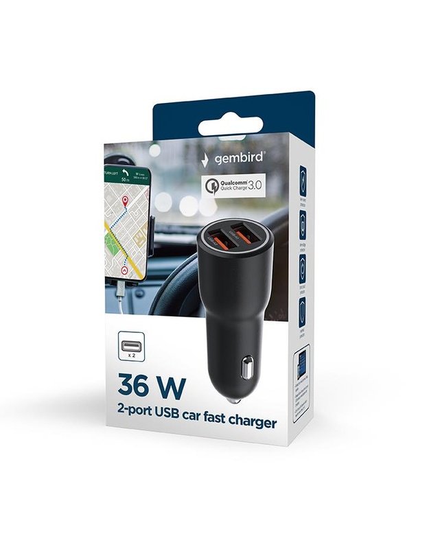 Automobilinis įkroviklis Gembird 2x USB, QC 36W (TA-UC-A2QC36-CAR-01)