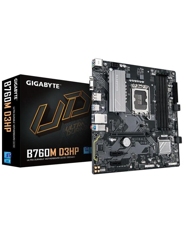 Mainboard|GIGABYTE|Intel B760 Express|LGA1700|Micro-ATX|Memory DDR5|Memory slots 4|2xPCI-Express 3.0 1x|1xPCI-Express 4.0 16x|2xM.2|1x15pin D-sub|1xHDMI|1xDisplayPort|2xUSB 2.0|5xUSB 3.2|1xUSB-C|1xPS/2|1xRJ45|3xAudio port|B760MD3HP1.0