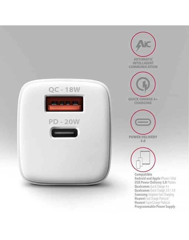 Sieninis USB įkroviklis AXAGON 20W, 2 prievadai, baltas (ACU-PQ20W)