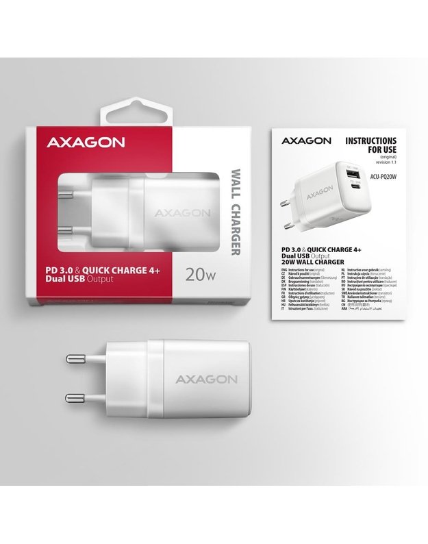 Sieninis USB įkroviklis AXAGON 20W, 2 prievadai, baltas (ACU-PQ20W)
