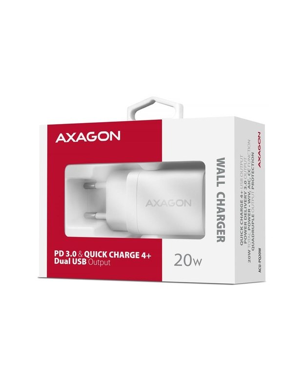 Sieninis USB įkroviklis AXAGON 20W, 2 prievadai, baltas (ACU-PQ20W)