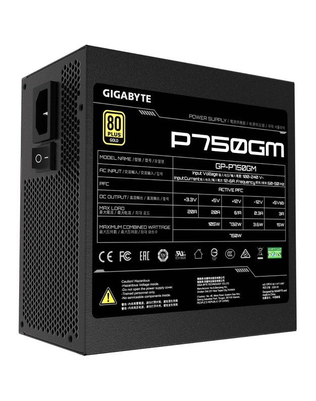 MAITINIMO ŠALTINIS|GIGABYTE|750 Watts|Efficiency 80 PLUS GOLD|PFC Active|MTBF 100000 hours|GP-P750GM