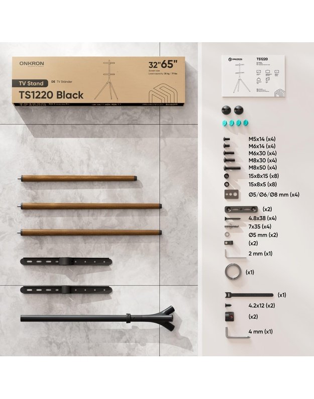 Grindinis televizoriaus stovas Onkron 32–65", juodas (TS1220-B)