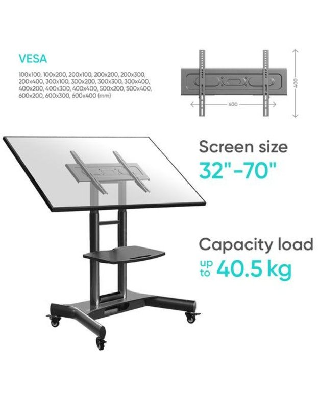 Mobilus televizoriaus stovas Onkron 32–70", juodas (TS1350-B)