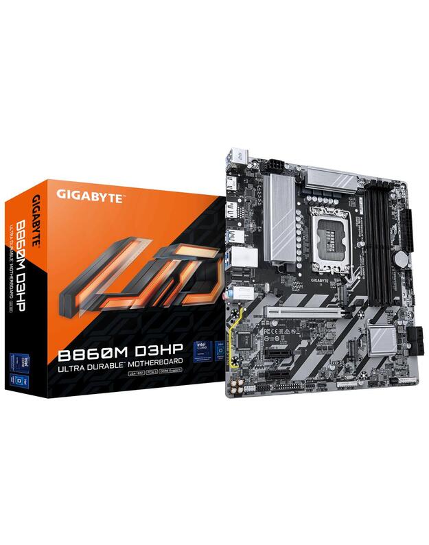 Mainboard|GIGABYTE|Intel B860 Express|LGA1851|Micro-ATX|Memory DDR5|Memory slots 4|2xPCI-Express 1x|1xPCI-Express 16x|2xM.2|1xHDMI|1xDisplayPort|1xAudio-In|1xAudio-Out|1xMicrophone|3xUSB 2.0|3xUSB 3.2|1xPS/2|1xRJ45|B860MD3HP1.0