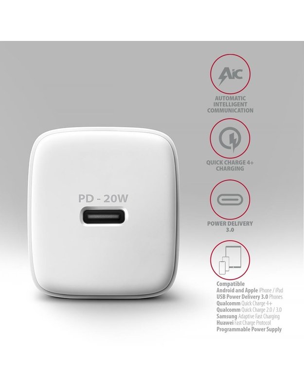 Sieninis įkroviklis Axagon USB-C 20W, 1 prievadas, baltas (ACU-PD20W)