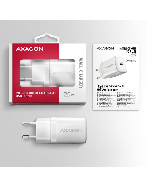 Sieninis įkroviklis Axagon USB-C 20W, 1 prievadas, baltas (ACU-PD20W)