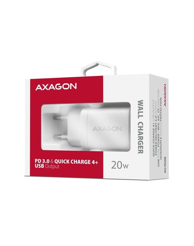 Sieninis įkroviklis Axagon USB-C 20W, 1 prievadas, baltas (ACU-PD20W)