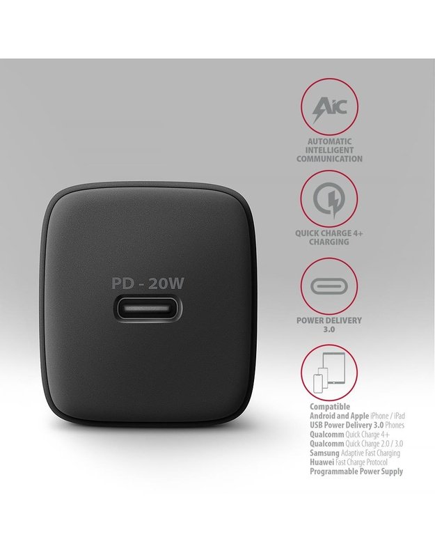 Sieninis įkroviklis Axagon USB-C 20W, 1 prievadas, juodas (ACU-PD20)