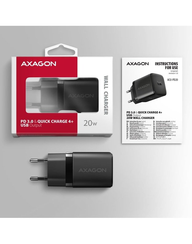 Sieninis įkroviklis Axagon USB-C 20W, 1 prievadas, juodas (ACU-PD20)