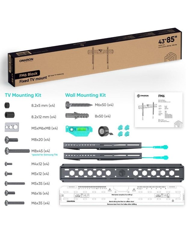 Sieninis televizoriaus laikiklis Onkron 43–85", juodas (FM6-B)