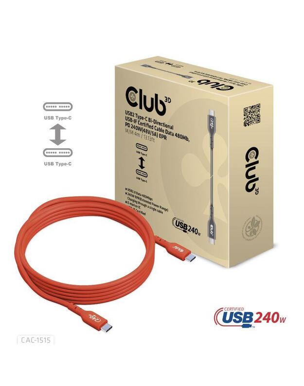 CABLE USB-C TO USB-C 4M/M/M CAC-1515 CLUB3D