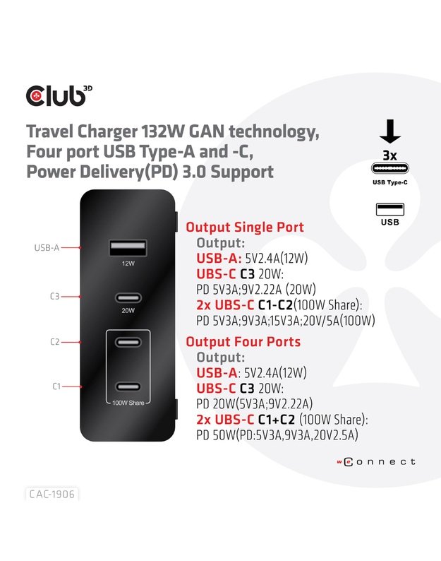 Kelioninis įkroviklis Club3D USB-C 132W GaN (CAC-1906)